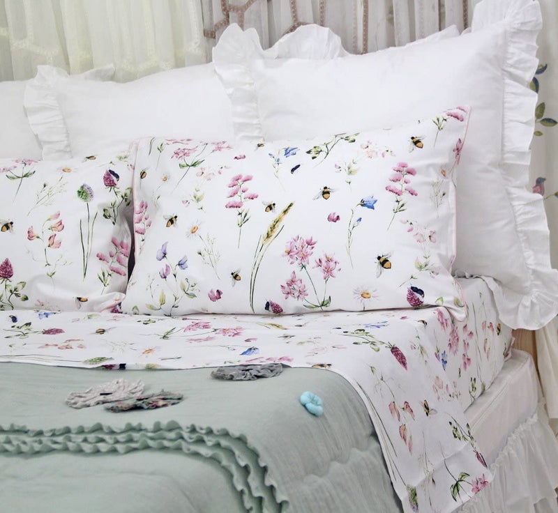 QSH Floral Bed Sheets Set Queen Size - Shabby Flower Bee Print Bed Sheet Set - Extra Soft and Breathable 100% Egyptian Cotton - 4 pcs Deep Pockets Flower Bed Sheets Queen Size Sets - Image 5